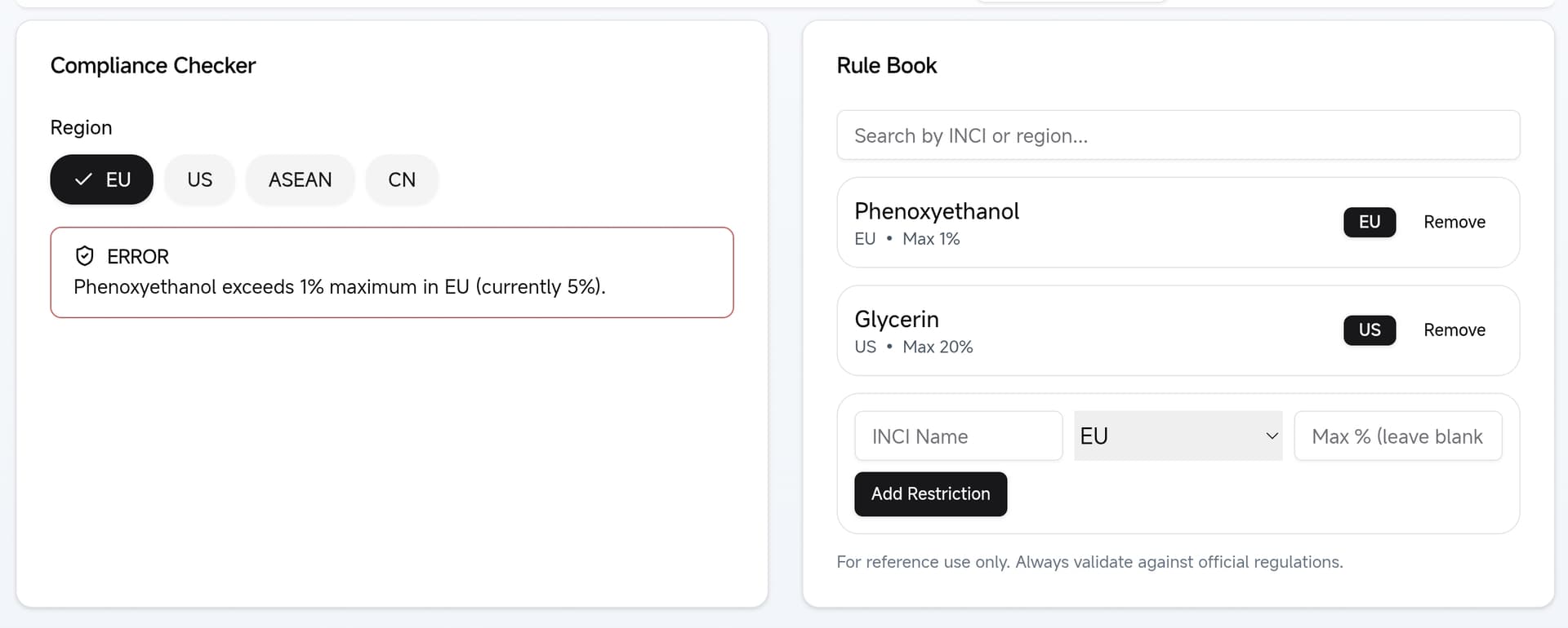 Compliance Checker & Rulebook Cosmetic compliance checker and regulation rulebook